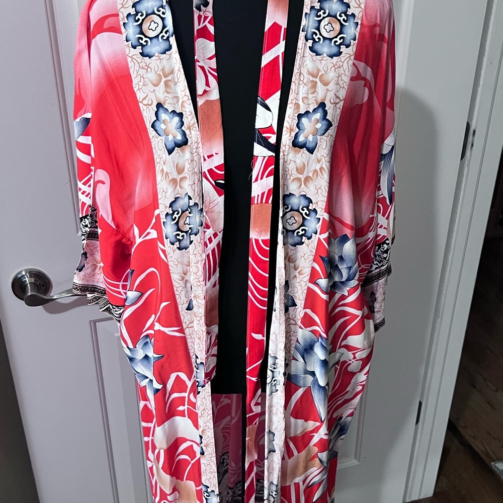 Floral Kimono Robe - Red and Blue